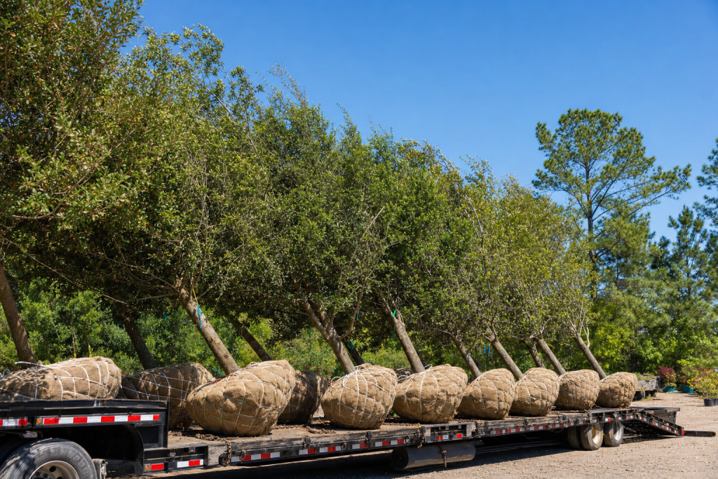 Balled-and-burlapped shade trees loaded on a flatbed trailer for project delivery